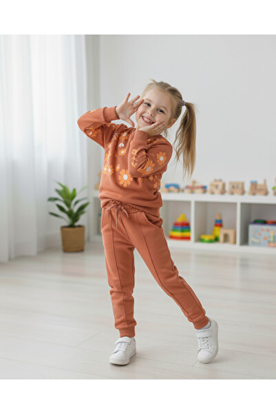 Ege Bebek Girls' Seasonal, Floral Printed Grassed Tracksuit Bottoms, 2-10 Years Old 2 Thread Tracksuit Set