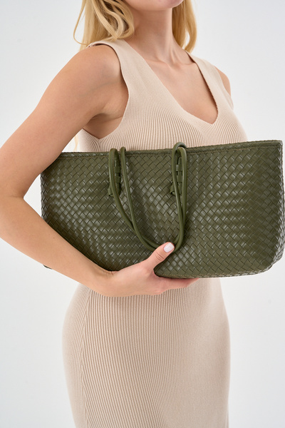 Çantacımstore Kadın Uzun Tote Çanta Haki Örgülü