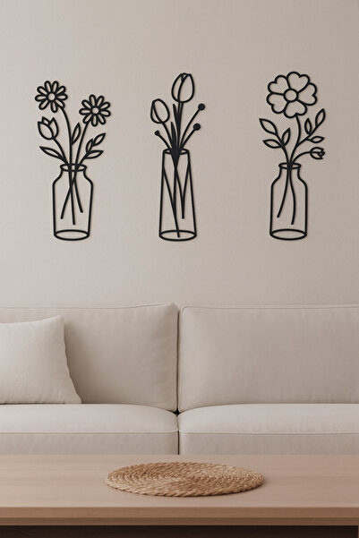 B2 Studio 3’lü Çiçek Vazo Duvar Dekoru – Metal Görünümlü Minimal Wall Art