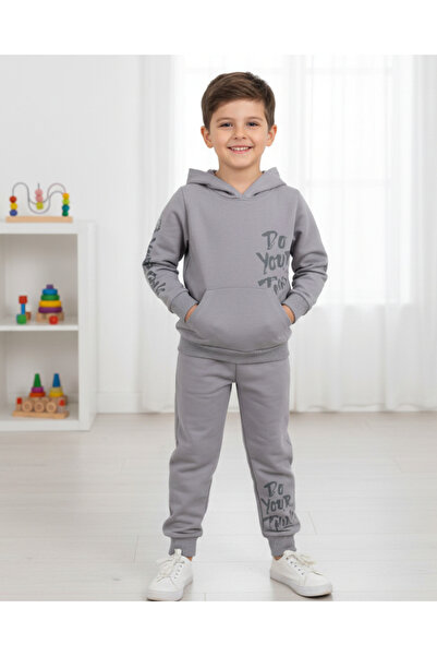 Ege Bebek Boys' Seasonal Hooded Printed Sweatshirt and Tracksuit Bottoms 2-10 Years Old Tracksuit Set
