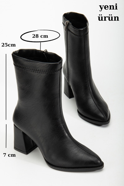 AYAKKABI MEET Μαύρες δερμάτινες μπότες με μυτερή μύτη με ραμμένη μέση καθημερινές μπότες με τακούνι