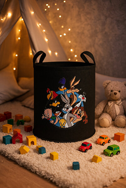 YUNUSOĞLU HOME Felt Toy Basket - Cartoon Patterned, Foldable with Handles, Kids Room Organizer 38X39
