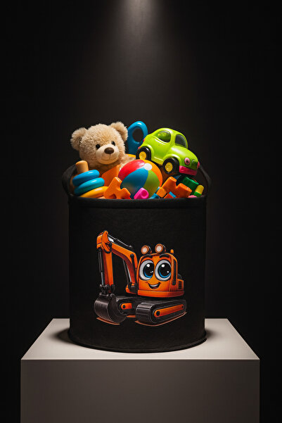 YUNUSOĞLU HOME Black Felt Toy Basket - Cartoon Cartoon Pattern, Foldable with Handles, Kids Room Organizer