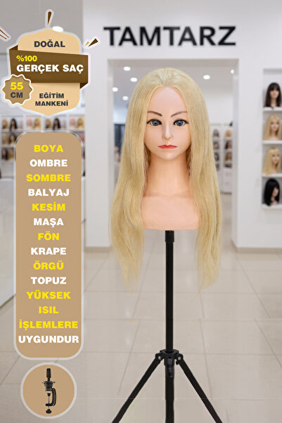 TAM TARZ 100% Real Hair Shoulder Hairdresser Training Mannequin + Table Apparatus / Platinum / 55 cm