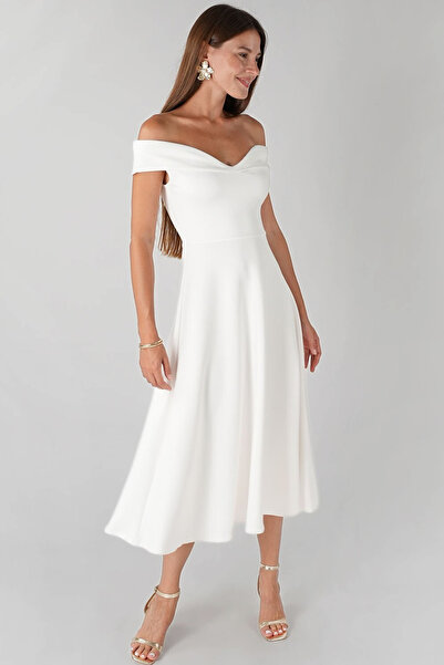 OLSAMODA KADIN MADONNA YAKA ETEĞİ KLOŞ LİKRALI KUMAŞ MİDİ BOY ELBİSE