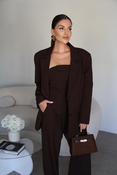 Julidress Coffee Jacket Crop and Palazzo Pants 3-Piece Premium Set