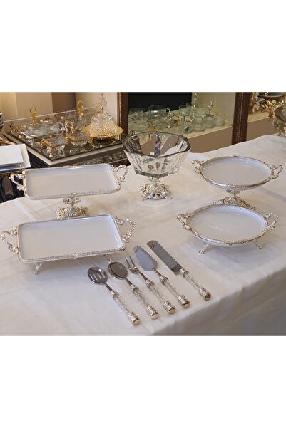 AlyaHomeAksesuar طقم تقديم للسلطة والخزف بإطار فضي