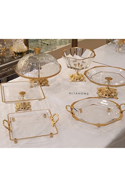 AlyaHomeAksesuar 6 Parça Klasik Ayaklı Servis ve Sunum Seti Gold
