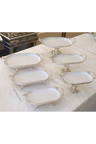 AlyaHomeAksesuar 6 Parça Oval Ayaklı Porselen Sunum Seti Gümüş