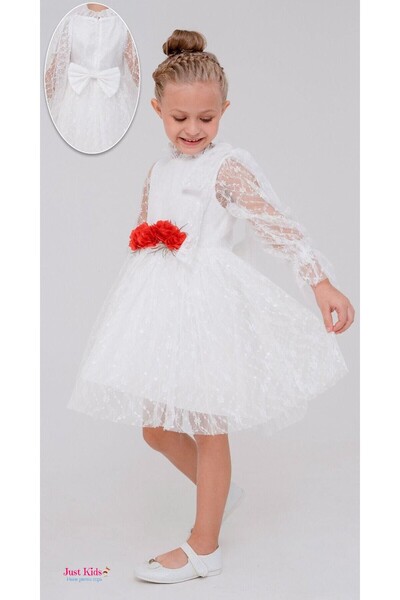 Tivido Princess White Dress with Lace and Floral Accessory, 3-6 Years