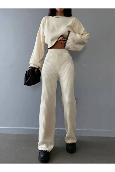 hiraz fashion Women's Ecru Shepherd Stitch Double Knitwear Set