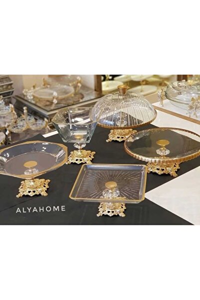 AlyaHomeAksesuar 5 Parça Klasik Ayaklı Sunum Seti Gold