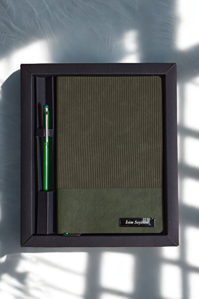 Copyder Kişiye Özel Yeşil Hediye Seti İsim Yazılı Kalem Termo Deri Defter Siy...