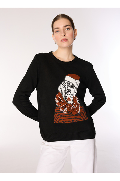 Fabrika Kadın Siyah Bisiklet Yaka Jakarlı Kazak F3WL-KZK0966