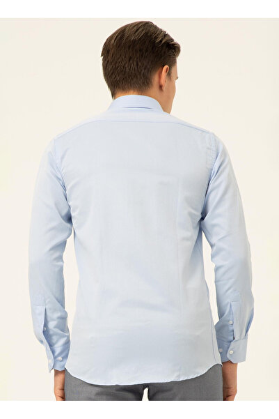 SÜVARİ Süvari Slim Fit Klasik Yaka Armürlü Mavi Erkek Gömlek GM2024700424