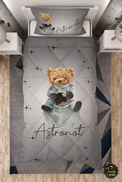 Talia Home Cute Astronaut Bear Patterned Single Children's Quilt Sleeping Set