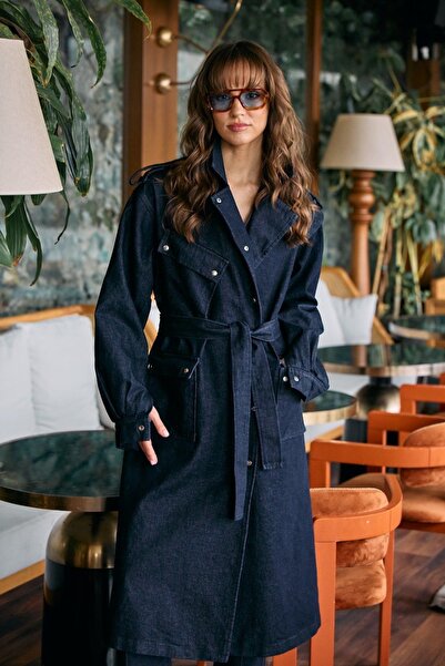 Suziş ÇITÇIT DETAYLI KOYU LACİVERT DENİM TRENÇKOT CR4004