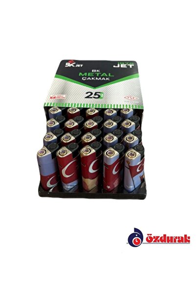 Koko BKJET 1975 Izgaralı Türk Bayraklı Metal Yeniden doldurulabilir Lüks Çakmak 25 Adet