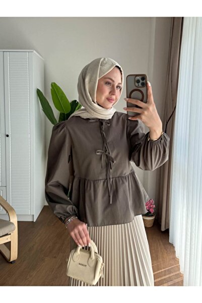 Refika Butik قميص حجاب نسائي قصير بأكمام بالون وأربطة من الأمام، كاكي