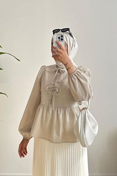 Refika Butik Μπεζ γυναικεία φούστα Top Ö nue Lace Up μπαλόνι μανίκι κοντό χιτζάμπ πουκάμισο