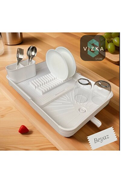 ViZKA Açılır Kapanır Bulaşık Kurutma Sepeti, Sürgülü Tabaklık Bulaşıklık , Beyaz