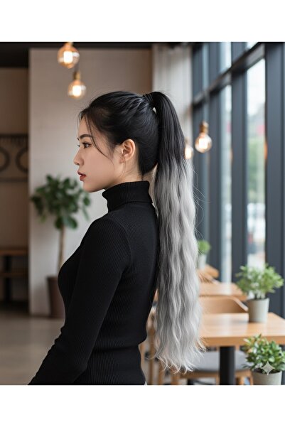 Mina Peruk Lastik Tokalı At Kuyruğu Su Dalgalı - Siyah / Gri Ombre