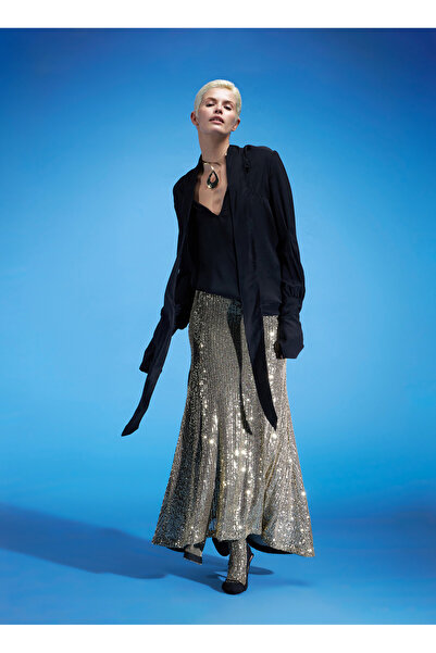 Le Twins Yüksek Bel Altın Kadın Düz Uzun Etek Mariacristina