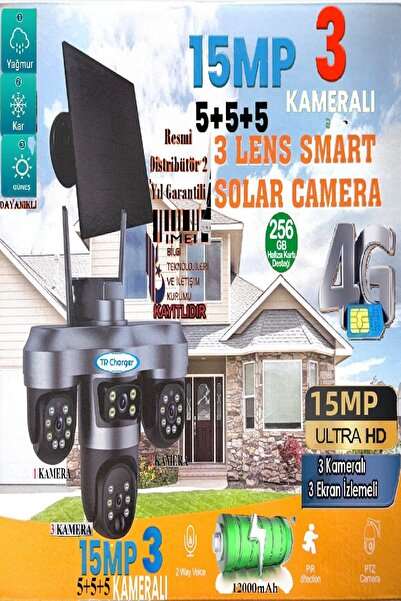 TR Charger 3 Kameralı 15MP Güneş Solar Panelli Sim Kart Ile Çalışan Güvenlik Kamerası Full Hd 12.000 Mah
