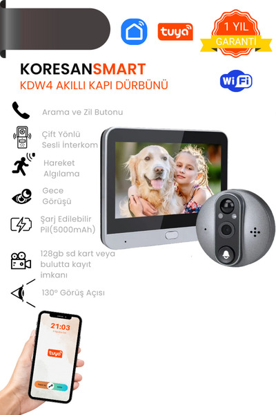 koresan Tuya KDW4 Akıllı Kapı Dürbünü - Hareket sensörlü - Wifi ile Canlı Gör...