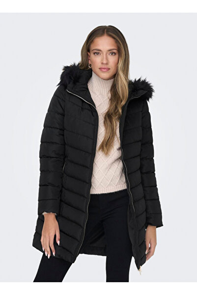 ONLY Siyah Kadın Kaban ONLELLAN QUILTED HOOD FUR COAT CC O