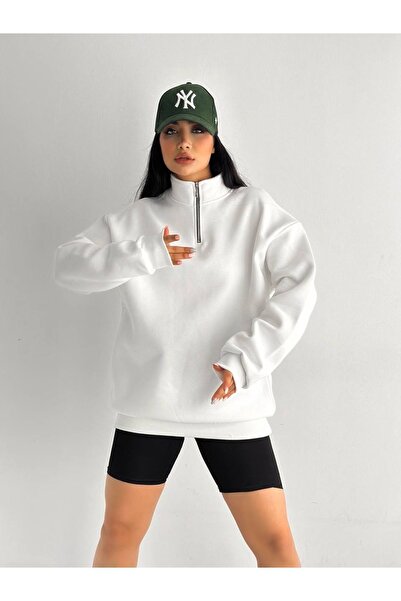 İLKCET MODA Λευκό φούτερ με φερμουάρ Oversize Unisex