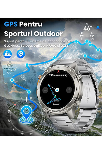 AOS RETAIL Ceas Smartwatch Barbati, Ecran AMOLED 1.43", Rezolutie 466x466, GPS, 500mAh, Rezistent Apa 5ATM