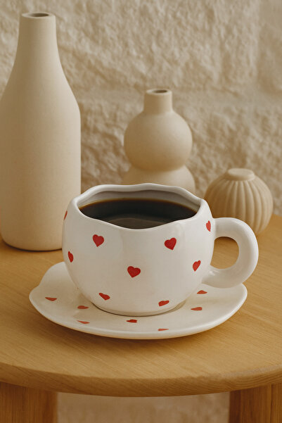 Anadolu Saray El Yapımı Seramik Kalp Damalı ve Tabaklı Mug Kupa Fincan Takım ...