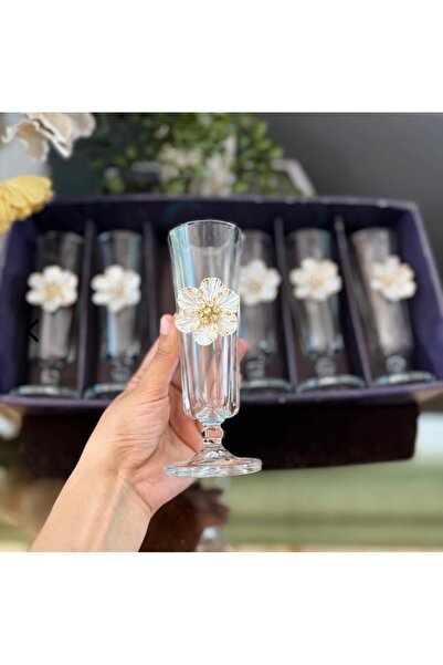 hinezahome 6 Lı Cam Kahve Yanı Çiçekli Su Bardağı Flüt Bardak Özel Tasarım