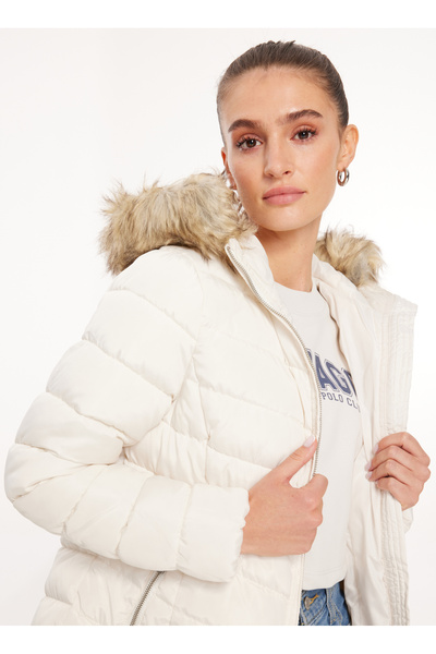 ONLY Kırık Beyaz Kadın Kaban ONLELLAN QUILTED HOOD FUR COAT CC O