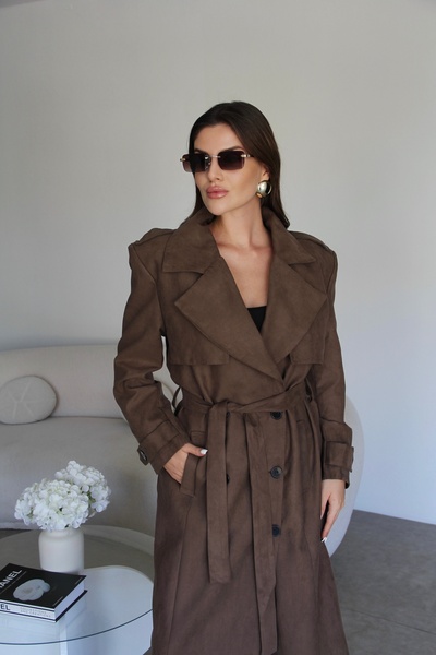 Julidress Mink Double-Breasted Collar Lined Belted Long Premium Suede Trench Coat