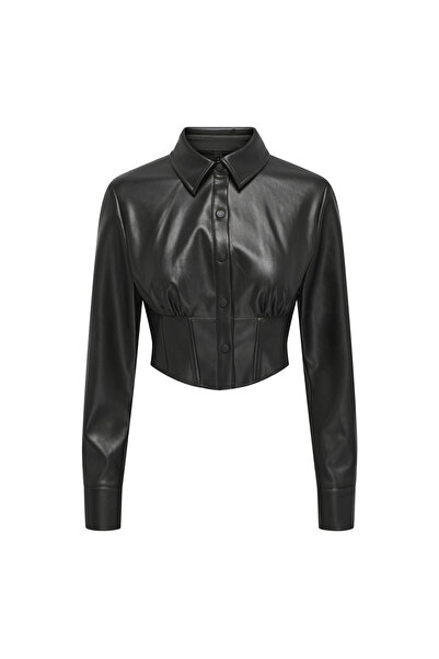 ONLY Skinny Shirt Collar Solid Black Women's Shirt ONLMIA FAUX LEATHER SHIRT OTW