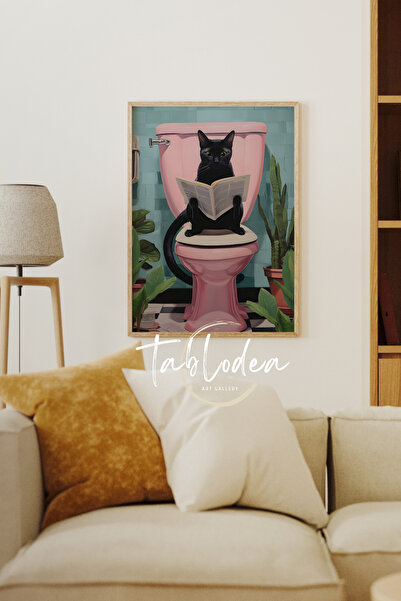 tablodea Retro Kedili Çerçeveli Poster Tablo, Kedi Tuvaleti Çerçeveli Poster, Retro Tablo, Kedili Tablo