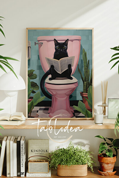 tablodea Retro Kedili Çerçeveli Poster Tablo, Kedi Tuvaleti Çerçeveli Poster, Retro Tablo, Kedili Tablo