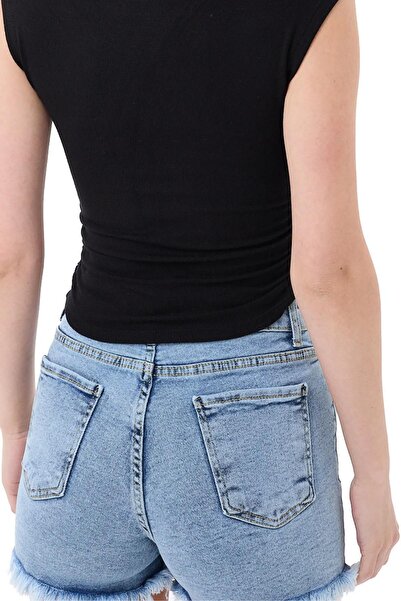 vesantia Mavi Kadın Yüksek Bel Püsküllü Paça Detaylı Likralı Kot Şort