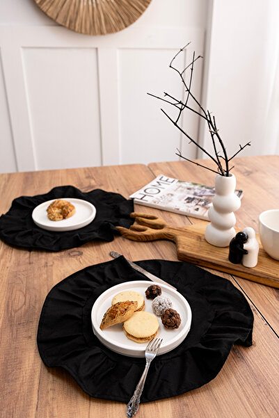 Morlay Set of 2 Doily Round Doilies - Frilly Cotton Linen, 40 cm - Black Color