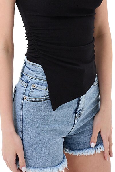 vesantia Mavi Kadın Yüksek Bel Püsküllü Paça Detaylı Likralı Kot Şort