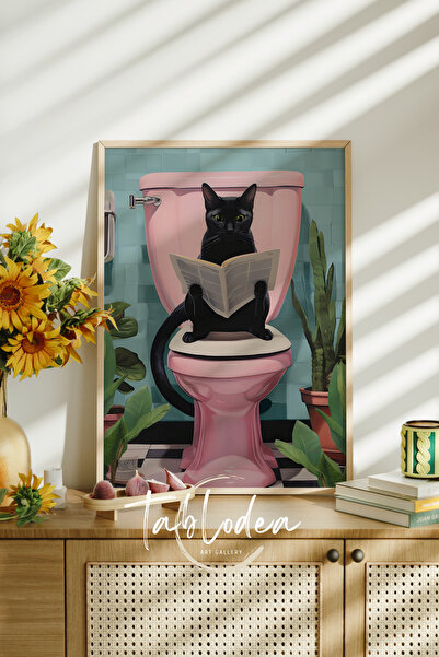 tablodea Retro Kedili Çerçeveli Poster Tablo, Kedi Tuvaleti Çerçeveli Poster, Retro Tablo, Kedili Tablo