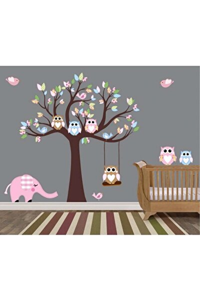 KT Decor Elephant-owls-birds-brown Tree And Colorful Leaves Xxl Kids Room Wall Sticker