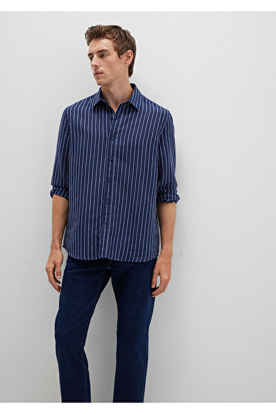 Mavi Keten Karışımlı Çizgili Lacivert Gömlek Regular Fit / Normal Kesim 0211699-90920