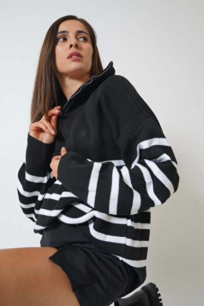 Pafi Moda Pulover de tricotat cu fermoar în dungi pentru femei Oger de înaltă...