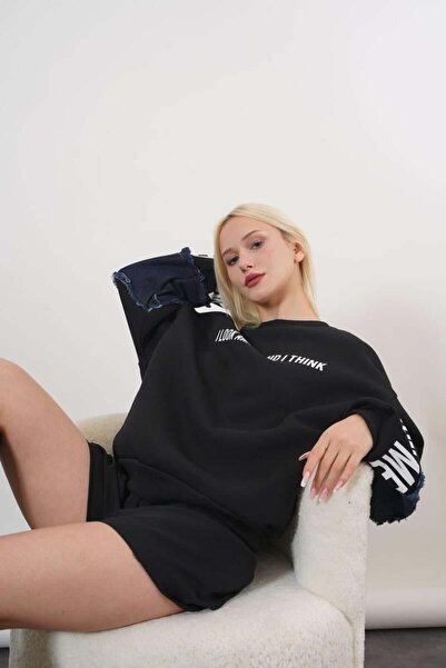 Pafi Moda Pulover pentru femei Darcey Black - Detaliu din denim de înaltă cal...