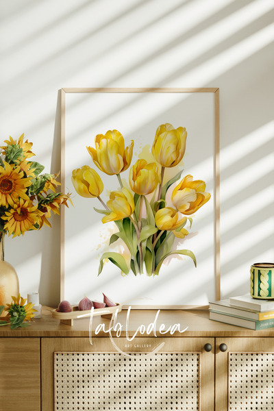 tablodea Sarı Lale Çerçeveli Poster Tablo, Çiçekli Çerçeveli Modern Dekoratif Tablo, Çiçekli Pinterest Tablo