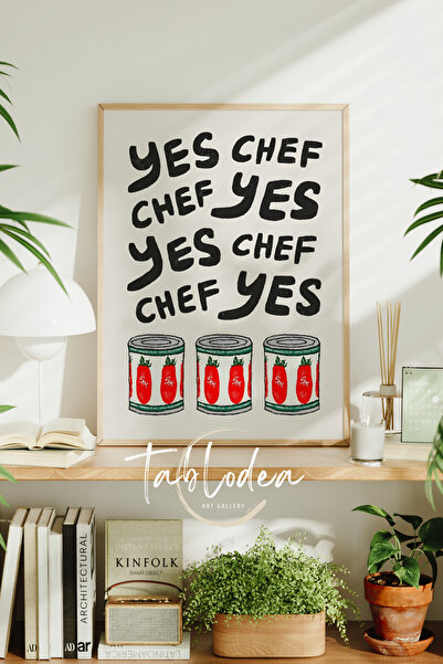 tablodea Yes Chef Yazılı Modern Çerçeveli Poster Tablo, Yazılı Minimalist Dek...