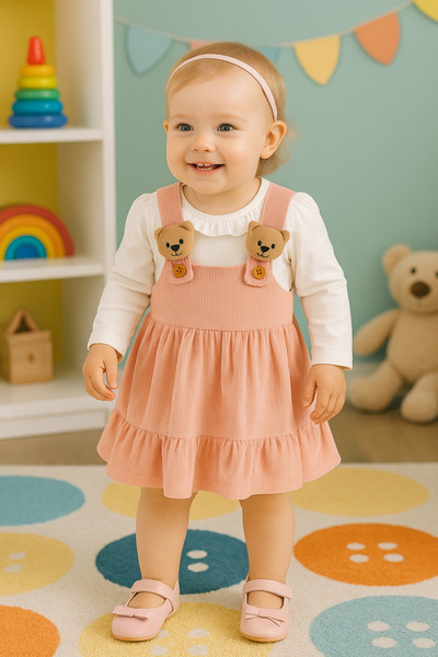 Renata's kız bebek pembe kadife fitilli ayı aplikeli salopet jile elbise